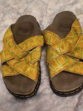 Dr. Martens Kids Yellow Croc-Embossed Crisscross Sandals with Green Accents